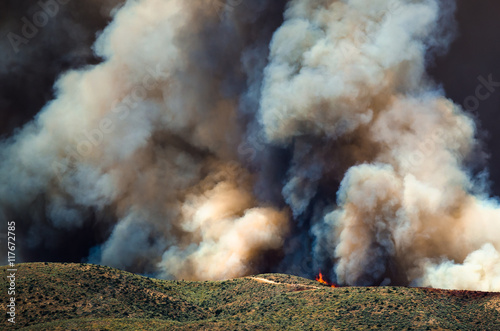 Flames and Dense White Smoke Rising from the Raging Wildfire