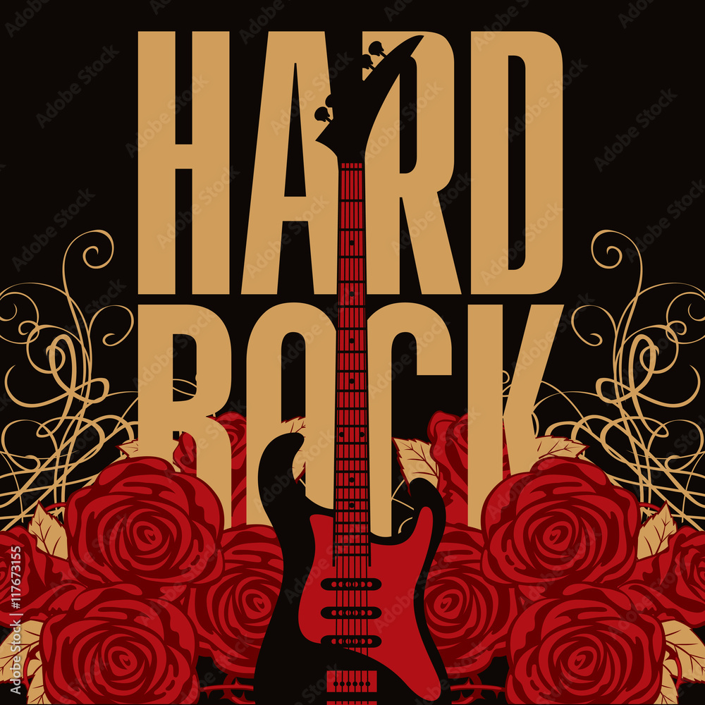 Obraz premium banner with an electric guitar among flowers roses and the words Hard Rock