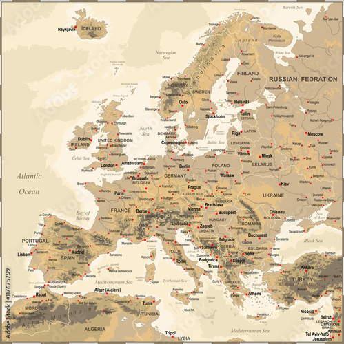 Europe - Vintage Physical Map