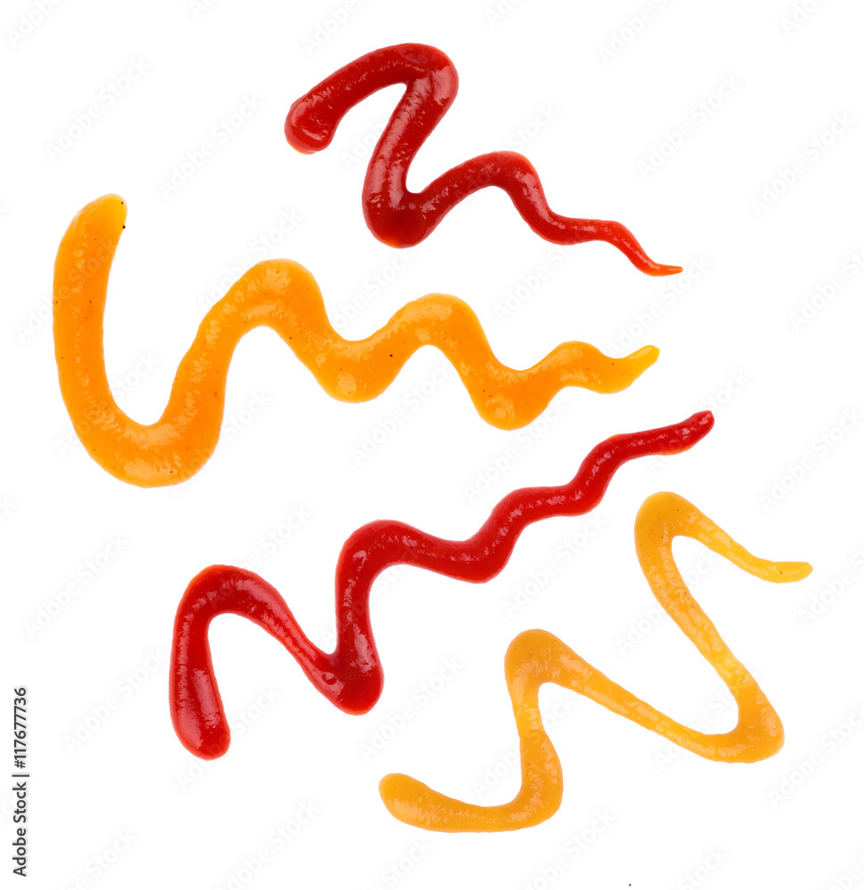 Close up of ketchup and sauce line set on white background Close up of ketchup and sauce line set on white background