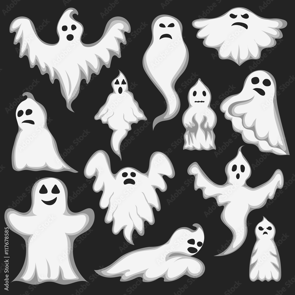 Cartoon spooky Ghost character vector set. Spooky and scary holiday monster design ghost character. Costume evil silhouette ghost character creepy funny cartoon cute spooky night symbol. Cartoon spooky Ghost character vector set. Spooky and scary holiday monster design ghost character. Costume evil silhouette ghost character creepy funny cartoon cute spooky night symbol.
