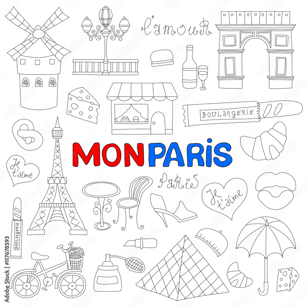 Icons set Paris cuisine and traditional modern culture. Europe Eiffel Paris icons fashion wine building design architecture. Famous travel love Paris icons monument capital landmark.