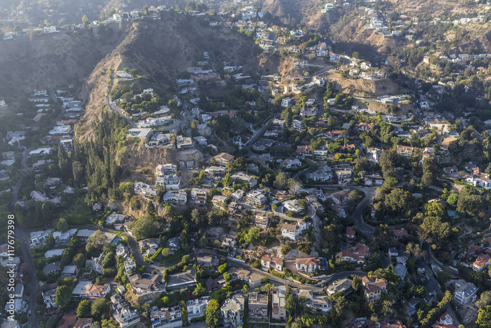 Hillside Homes and Smog Aerial in the Hollywood Hills