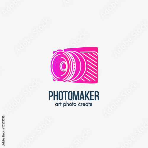 Isolated pink color photo camera silhouette vector logo. Photorapher equipment logotype. Professional photoshooting studio sign.
