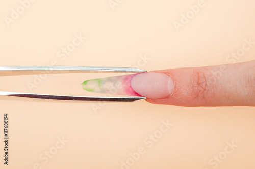 Manicure. Master make nail extension. Finger closeup. Art nail design  