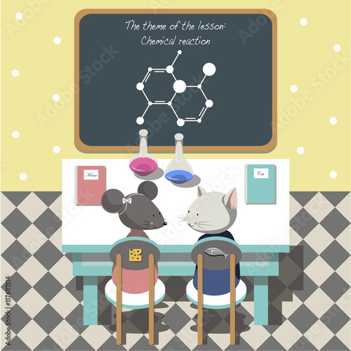 The illustration.The cat and mouse sitting at a school Desk in chemistry class.