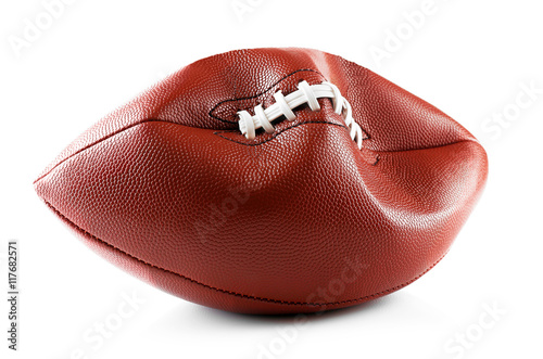 Deflated football ball on white background