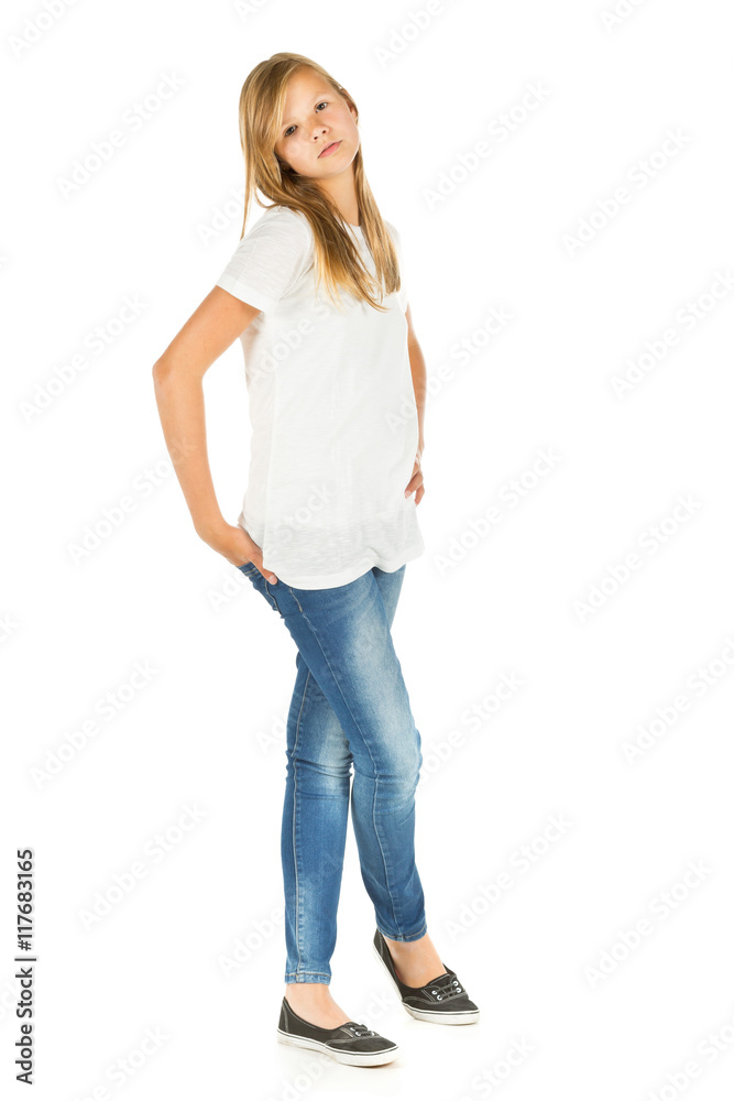 Young girl standing over white background Young girl standing over white background