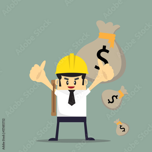 Construction. Engineer, architect, foreman at a construction site. Architect holding a project. on a construction site.with money and thumb up. Flat icons vector illustration.