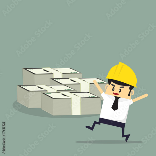 Construction. Engineer, architect, foreman at a construction site. Architect holding a project. on a construction site. With banknote Flat icons vector illustration.
