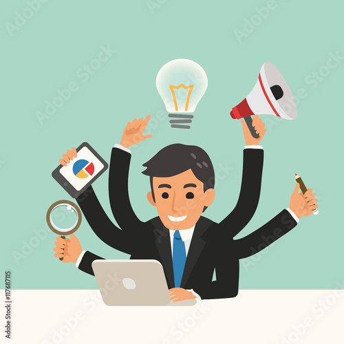 businessman with multitasking skills cartoon illustration