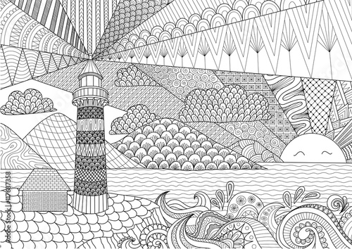 Seascape line art design for coloring book for adult, anti stress coloring - stock vector