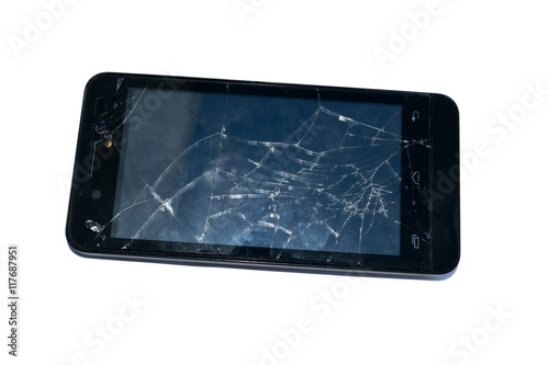 Mobile smartphone with broken screen isolated on white.