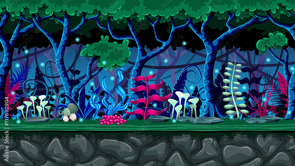 Fototapeta premium Seamless nature cartoon background, vector illustration with separate layers