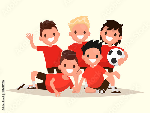 Children's football team. Portrait of young soccer players. Vect