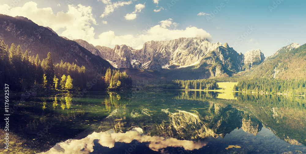 Fototapeta premium mountain lake in the Ita lian Alps,retro colors, vintage