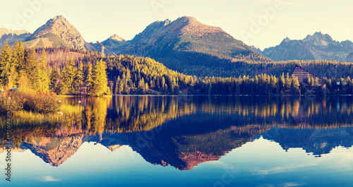 mountain lake in the Italian Alps,retro colors, vintage 