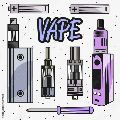 Vape device and parts vector illustration. Smoking Electronic cigarette concept.