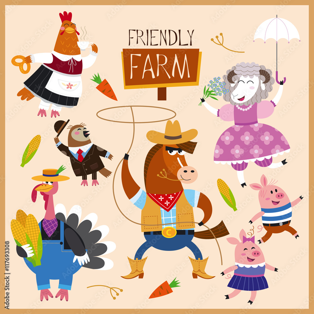 Vector Set of Cute Farm Animals: horse, sheep, turkey, chicken, pig, and a sparrow. All objects are isolated groups.