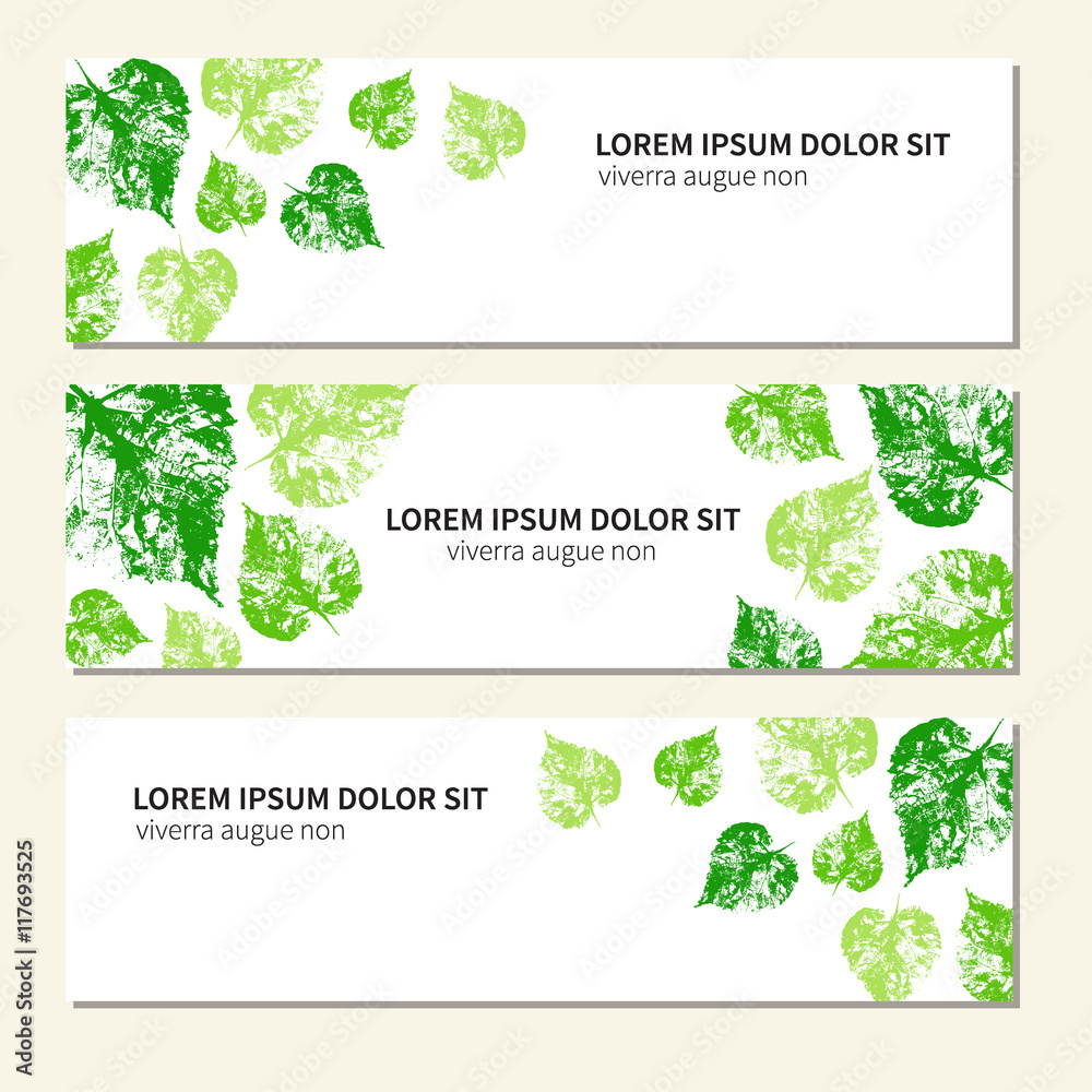 Set of vertical banners with hand drawn vector sketch green leaves isolated on white, imprint  stamp leaf, Designed vector frame with space for text, template for cosmetics, natural organic product