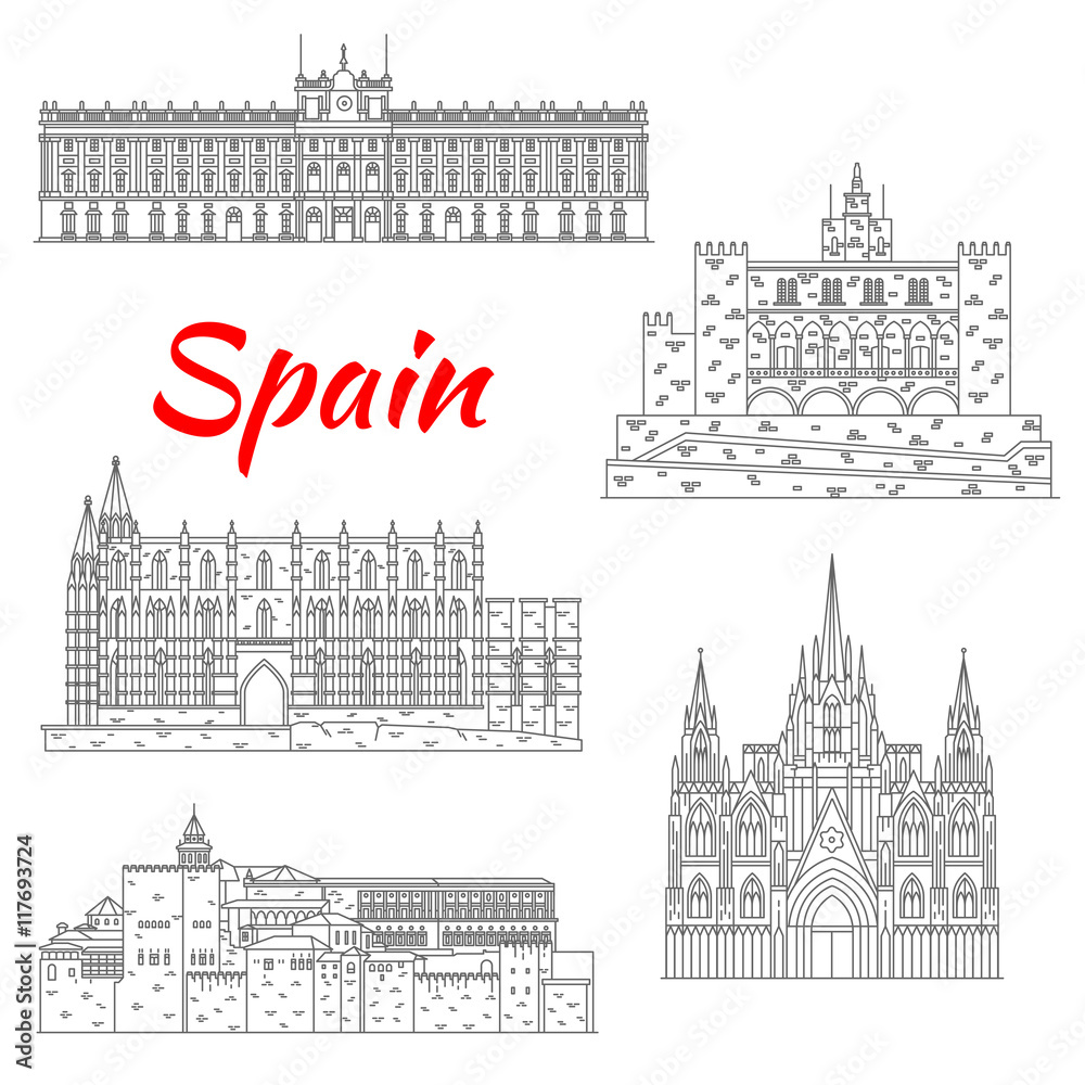 Famous tourist sights of Spain thin line icon
