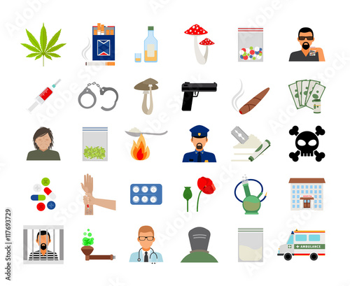 Drugs and addiction flat colorful icons on white background. Vector illustration