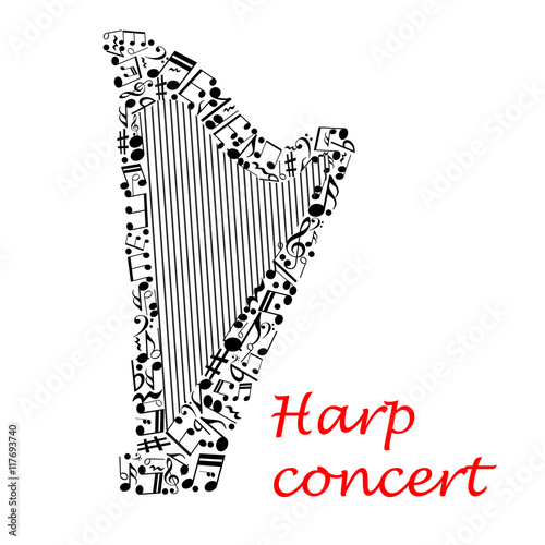 Musical poster design with harp and notes