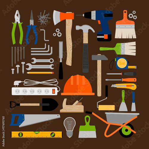 House repair, construction or working tools flat icons. Vector illustration