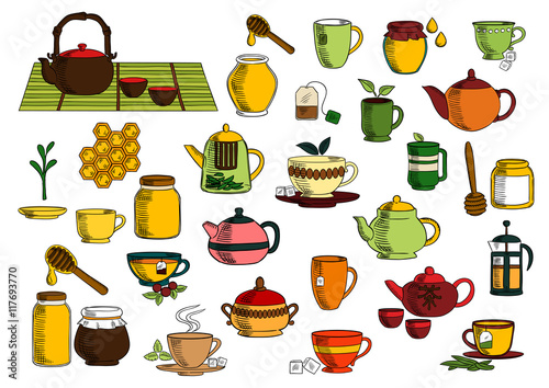 Tea drinks and dinnerware sketch icons