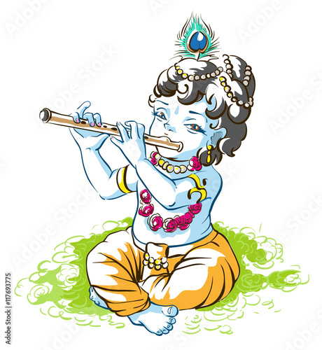 God Krishna Janmashtami. Boy shepherd playing flute