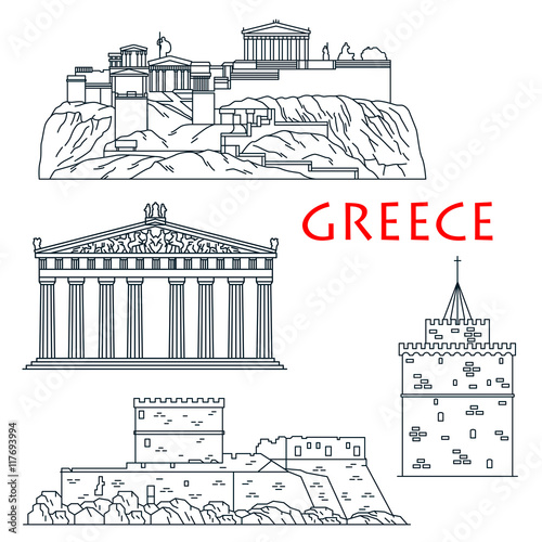 Ancient travel landmarks of Greece thin line icon