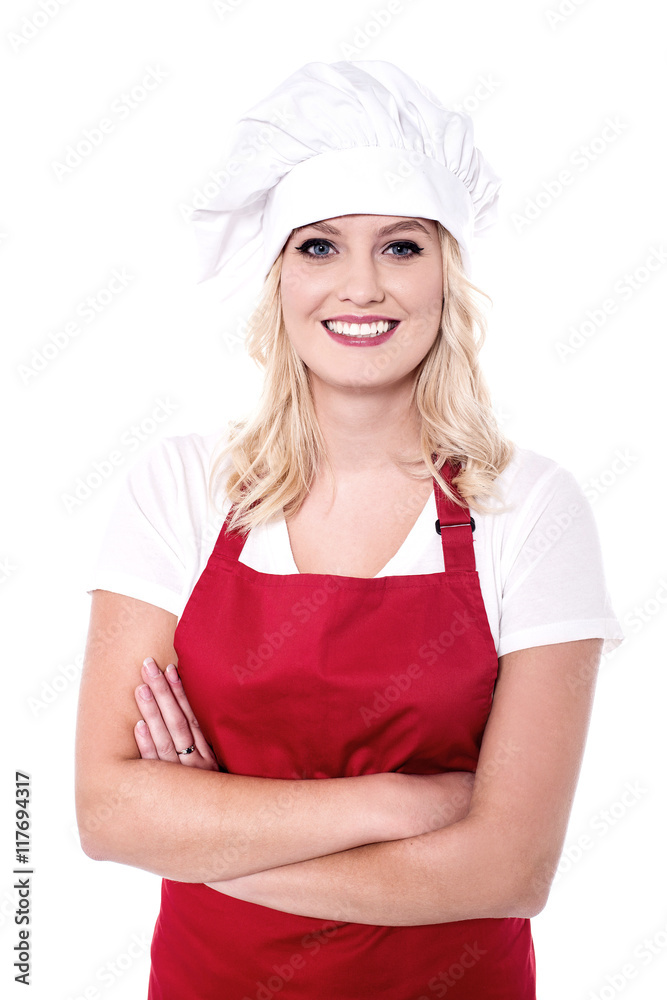 Portrait of young woman chef isolated on white Portrait of young woman chef isolated on white