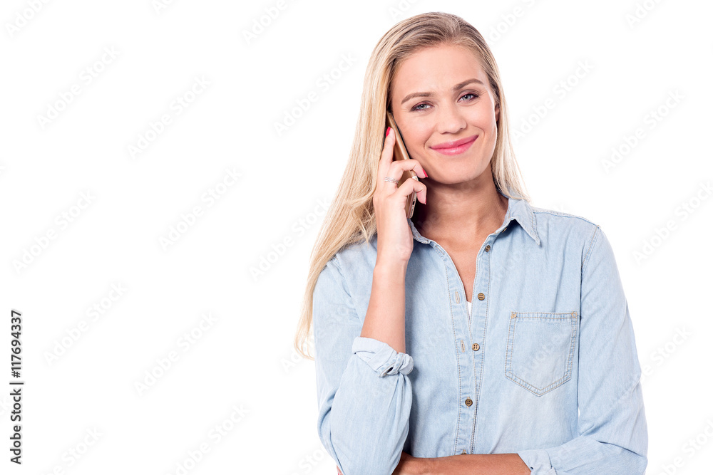 Attractive pretty woman attending phone call Attractive pretty woman attending phone call