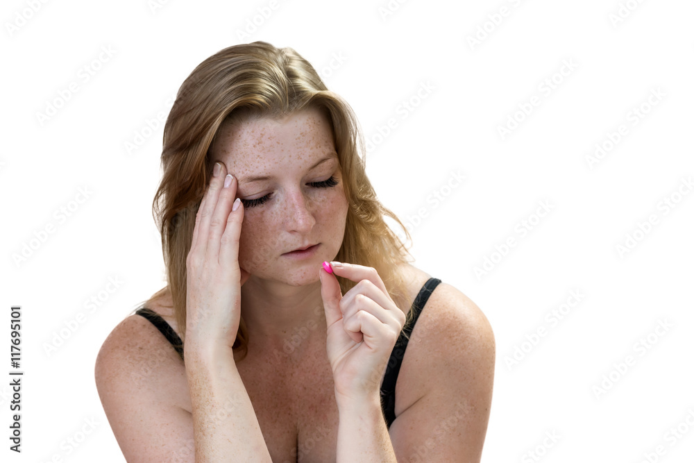 Redhead young woman with freckles is ready to take medicine. All is isolated on the white background. Redhead young woman with freckles is ready to take medicine. All is isolated on the white background.