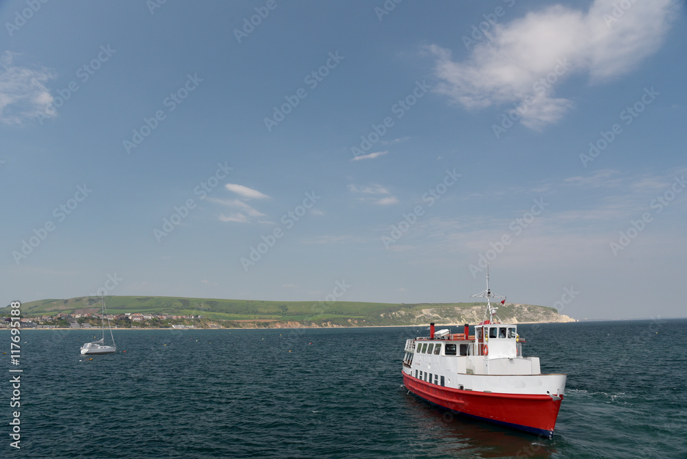 Ferry anchored in Swanage Bay, Dorset