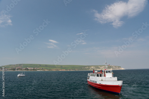 Ferry anchored in Swanage Bay, Dorset