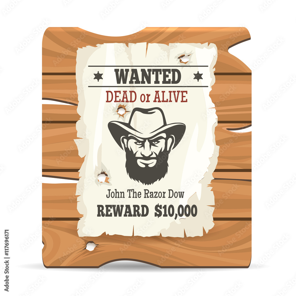 Cartoon wood sign board with paper wanted poster vector illustration