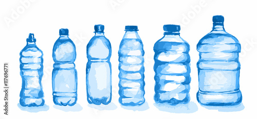 Watercolor plastic bottles set. Blue bottles with waterstanding on white background. Fresh healthy beverage.