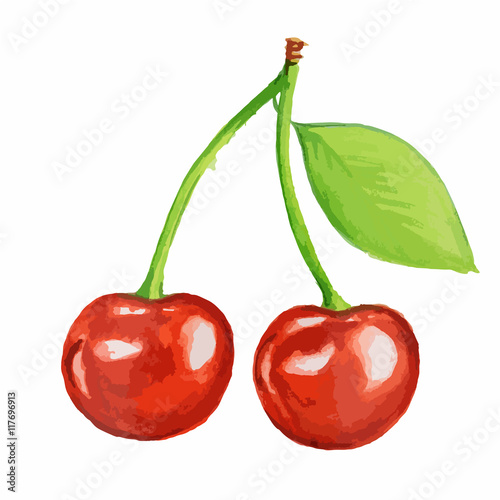 Isolated watercolor cherry on white background. Fresh summer berry. Healthy sweet snack. Close-up.