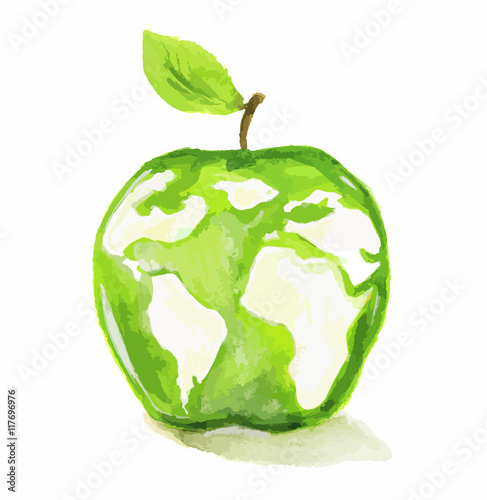 Watercolor apple with world map. Concept of healthy, organic products, eco lifestyle.