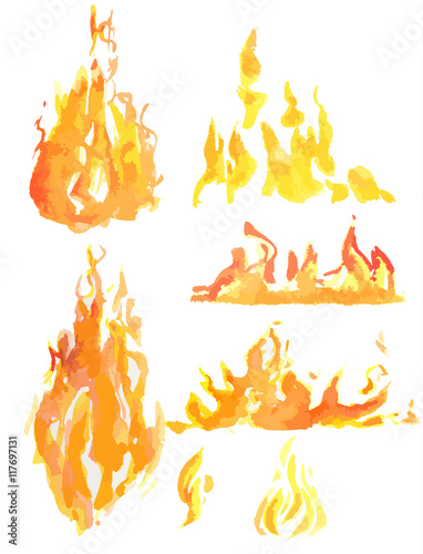 Watercolor flame set. Different kids of flames and fire. Fire element. Light, heat and danger.