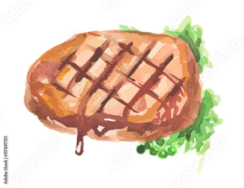 Watercolor grilled steak. Steak with herbs and sauce. Delicious food for restaurant or cafe.