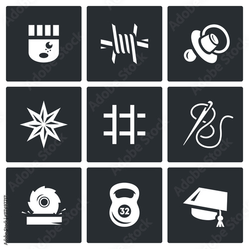 Vector Set of Prison Icons. Prisoner, Isolation, Supervision, Tattoo, Cell, Sewing, Woodworking, Sport, Education.
