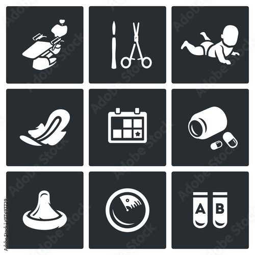 Vector Set of Abortion Icons. Equipment, Surgery, Birth, Monthly, Date, Medicine, Contraception, Diagnosis, Test.