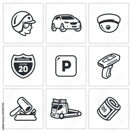 Vector Set of Road Patrol Police Icons. Cop, Car, CCTV, Sign, Parking, Violation, Fine, Evacuation, Payment.
