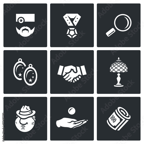 Vector Set of Pawnshop Icons. Appraiser, Jewel, Cost estimate, Jewelry, Deal, Rarity, Criminal, Pay, Money.