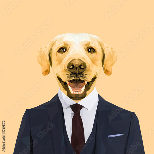 Labrador dog animal dressed up in navy blue suit with red tie. Business man. Vector illustration.