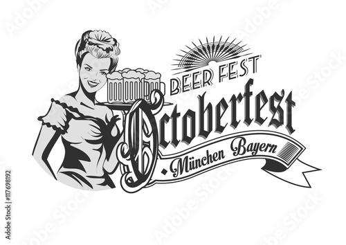 Pretty Bavarian girl with beer. Oktoberfest label  ghotic lettering. Ribbon banner.