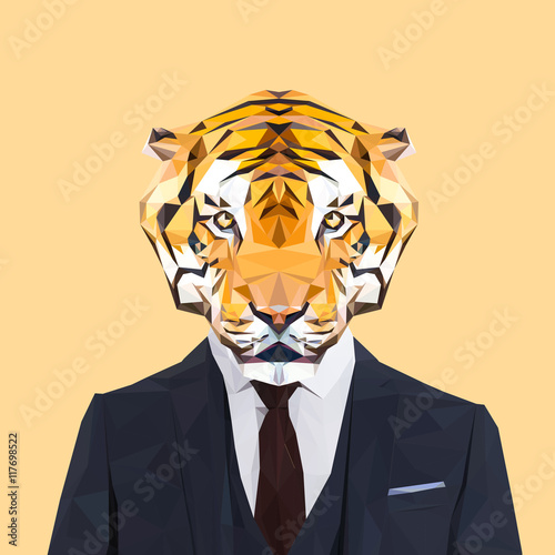 Tiger animal dressed up in navy blue suit with red tie. Business man. Vector illustration.