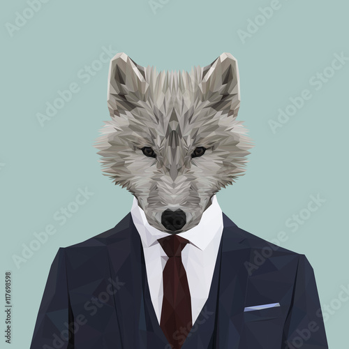 Fototapeta Naklejka Na Ścianę i Meble -  Wolf animal dressed up in navy blue suit with red tie. Business man. Vector illustration.